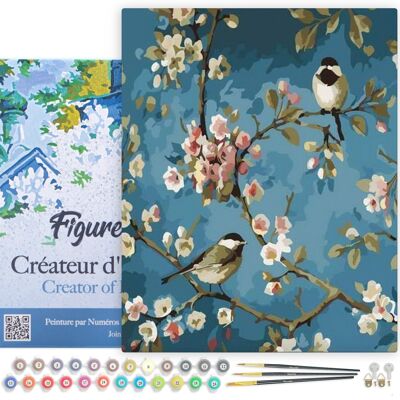 Kit DIY de pintura por números - Flores y pájaros - lienzo tensado sobre marco de madera