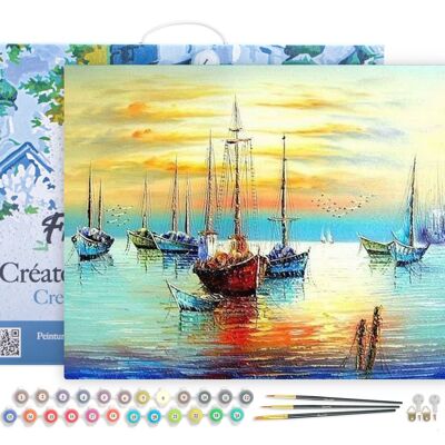 Painting by Number DIY Kit - Sailboats in port - canvas stretched on wooden frame