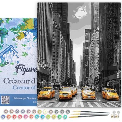 Kit de bricolaje para pintar por números - Ciudad moderna y taxis amarillos - lienzo tensado sobre marco de madera