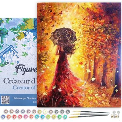 Kit de bricolaje para pintar por números - Bosque otoñal y mujer con paraguas - lienzo tensado sobre marco de madera