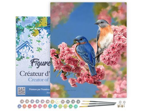 Peinture par Numéro Kit DIY - Couple d'oiseaux bleus - toile tendue sur châssis en bois