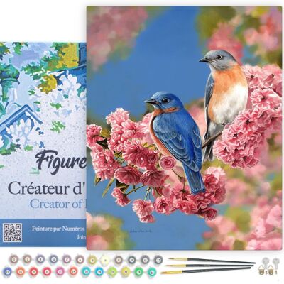Kit de bricolaje Paint by Number - Pareja de pájaros azules - lienzo tensado sobre marco de madera