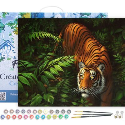 Kit de bricolaje de pintura por número - Tigre en los helechos - lienzo estirado sobre marco de madera