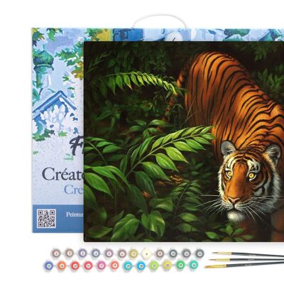 Peinture par Numéro Kit DIY - Tigre dans les fougères - toile tendue sur châssis en bois