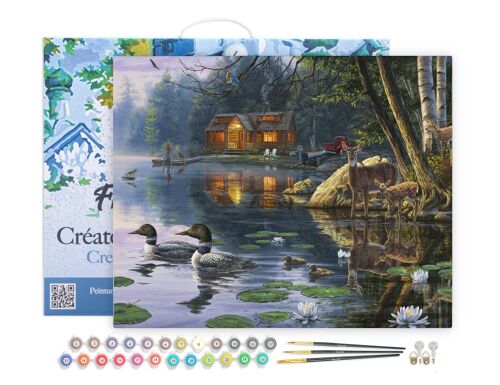Peinture par Numéro Kit DIY - Chalet au bord du Lac - toile tendue sur châssis en bois