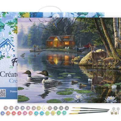 Peinture par Numéro Kit DIY - Chalet au bord du Lac - toile tendue sur châssis en bois