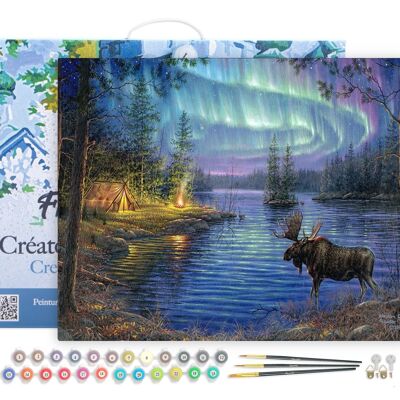 Kit de bricolaje Paint by Number - Alce y aurora boreal - lienzo tensado sobre marco de madera