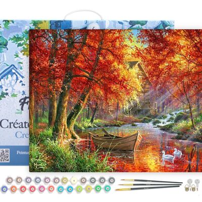 Paint by Number DIY Kit - Autumn River and boat - canvas stretched on wooden frame