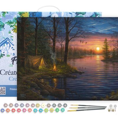 Paint by Number DIY Kit - Camping by the lake - canvas stretched on wooden frame