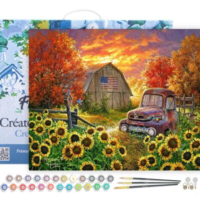 Paint by Number DIY Kit - Sunflowers in front of the barn - canvas stretched on wooden frame