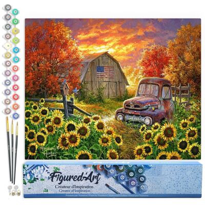 Paint by Number DIY Kit - Sunflowers in front of the barn - Rolled canvas