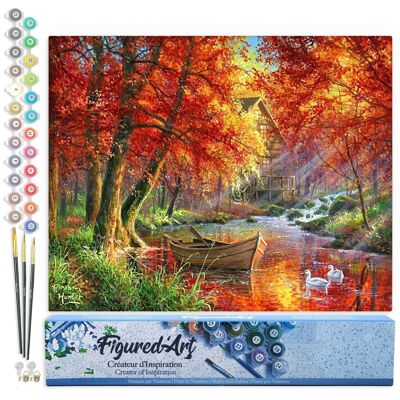 Paint by Number DIY Kit - Autumn River and Boat - Rolled Canvas