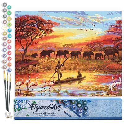 Malen-nach-Zahlen-DIY-Set – Elefanten im Sonnenuntergang – gerollte Leinwand