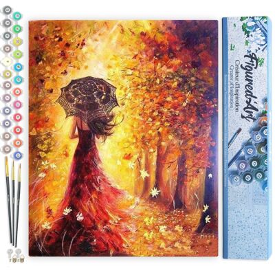 Paint by Number DIY Kit - Autumn Forest and Umbrella Woman - Rolled Canvas