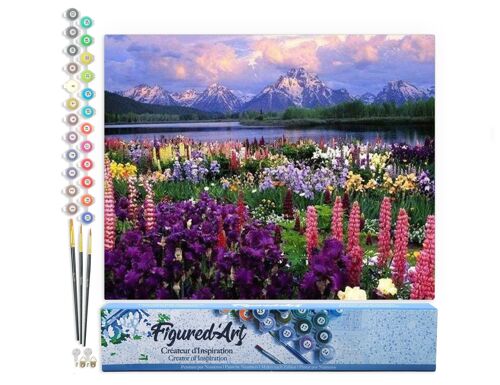 Peinture par Numéro Kit DIY - Fleurs et Lac au pied de la Montagne - Toile roulée