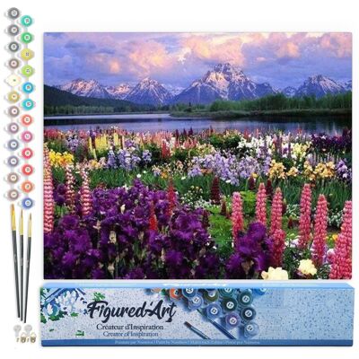 Malen-nach-Zahlen-DIY-Set – Blumen und See am Fuße des Berges – gerollte Leinwand