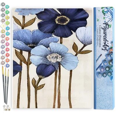 Malen-nach-Zahlen-DIY-Set – Blaue Blumen – gerollte Leinwand