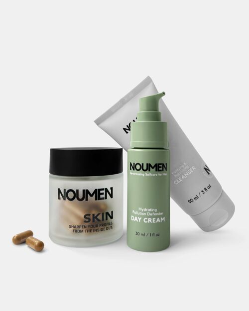 Hautpflege Set für Männer: Waschgel, Feuchtigkeitscreme & Hautsupplement für gesunde Haut - Vegan & natürlich, 60 Tage Vorrat, NOUMEN hergestellt in Österreich