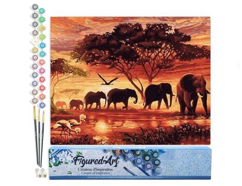 Peinture par Numéro Kit DIY - Eléphants au Coucher du soleil - Toile roulée