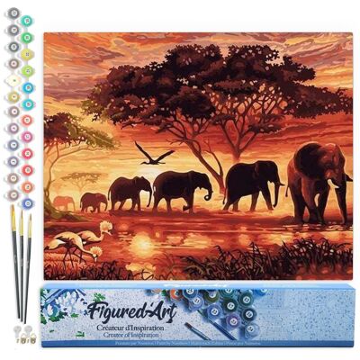Malen-nach-Zahlen-DIY-Set – Elefanten bei Sonnenuntergang – gerollte Leinwand