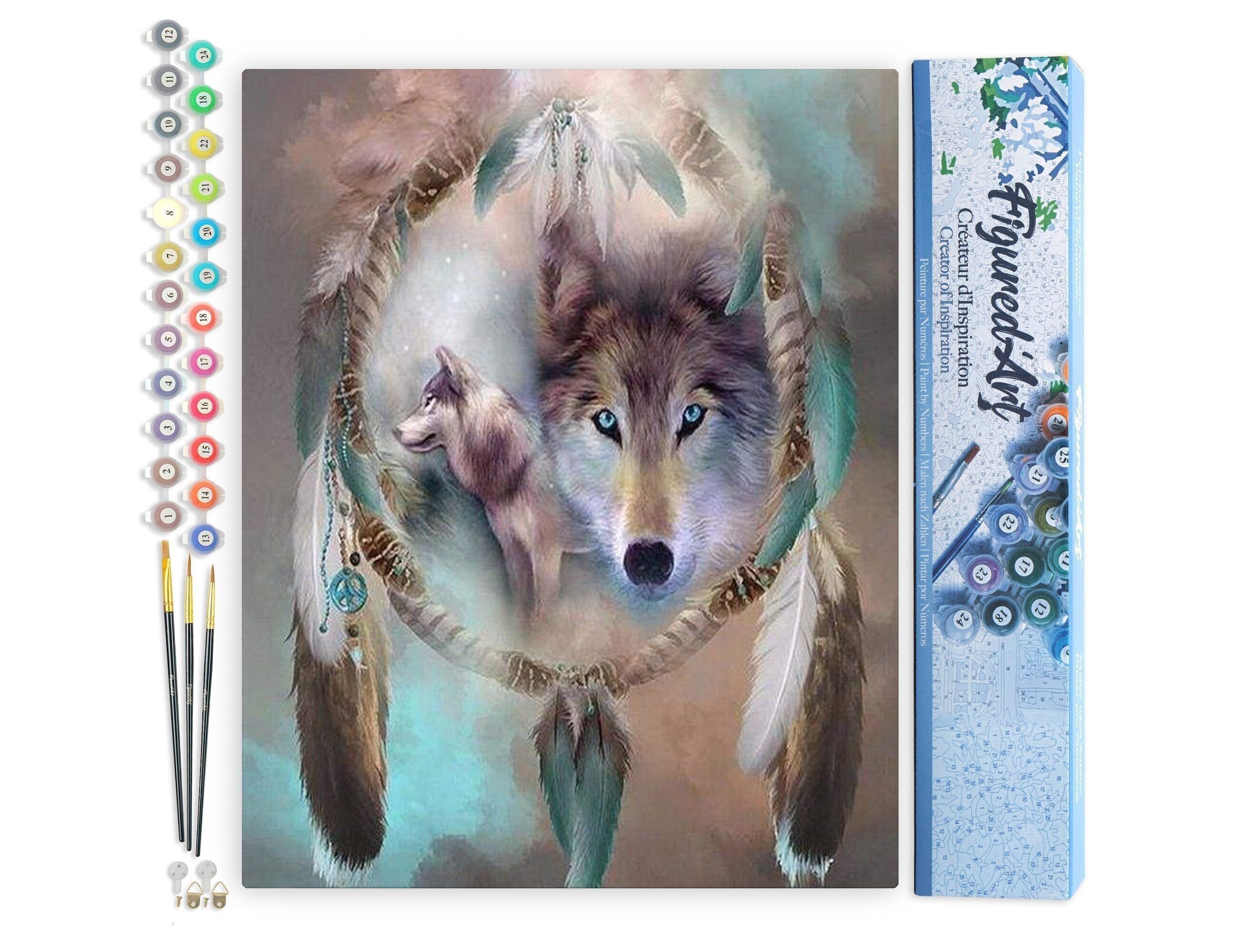 Kit fai da te da dipingere con i numeri - Lupi e piume - Tela arrotolata