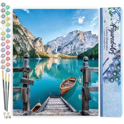 Kit de bricolaje para pintar por números - Barco en un lago de montaña - Lienzo enrollado