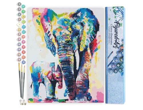 Peinture par Numéro Kit DIY - Eléphants Aquarelle - Toile roulée