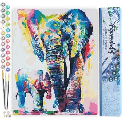 Kit de bricolaje de pintura por número - Elefantes de acuarela - Lienzo enrollado