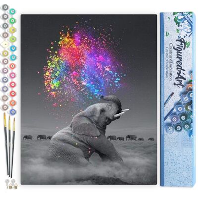 Kit fai da te da dipingere con i numeri - Elefante ed esplosione di colori - Tela arrotolata