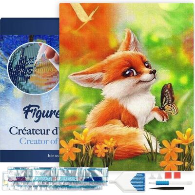 Kit de Broderie Diamant 5D - Diamond Painting DIY Petit Renard et Papillon 40x50cm toile tendue sur châssis