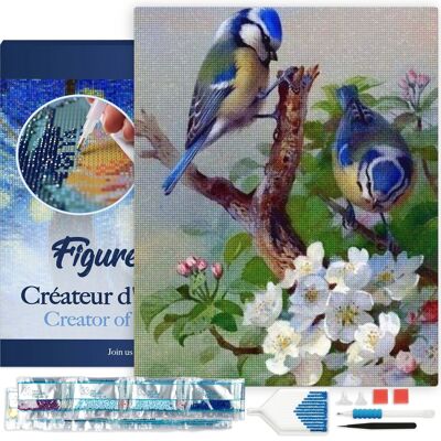 Kit de bordado de diamantes 5D - Pintura de diamantes DIY Chickadees en rama 40x50cm lienzo estirado sobre marco