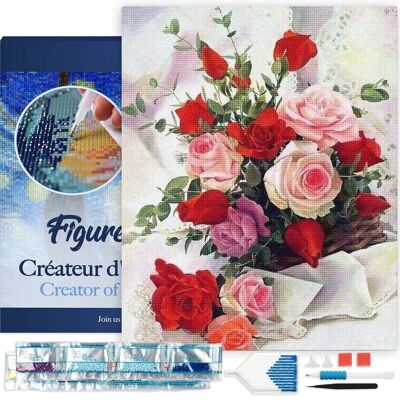 Kit de bordado de diamantes 5D - Pintura de diamantes DIY Rosas Hermosas flores 40x50 cm lienzo estirado sobre marco
