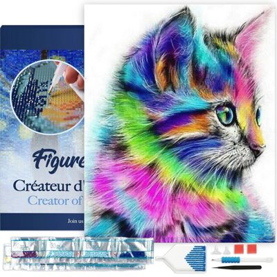 Kit de Broderie Diamant 5D - Diamond Painting DIY Chaton coloré 40x50cm toile tendue sur châssis