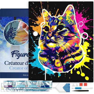 Kit ricamo diamante 5D - Pittura diamante fai da te Cat Splash Pop Art 40x50 cm tela tesa su telaio