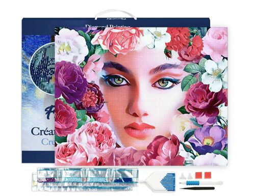 Kit de Broderie Diamant 5D - Diamond Painting DIY Visage et Fleurs 40x50cm toile tendue sur châssis