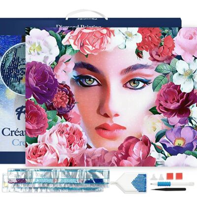 Kit de Broderie Diamant 5D - Diamond Painting DIY Visage et Fleurs 40x50cm toile tendue sur châssis