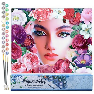 Kit de bricolaje para pintar por números - Cara y flores - Lienzo enrollado