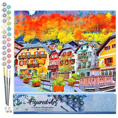 Kit fai da te da dipingere con i numeri - Villaggio svizzero colorato - Tela arrotolata