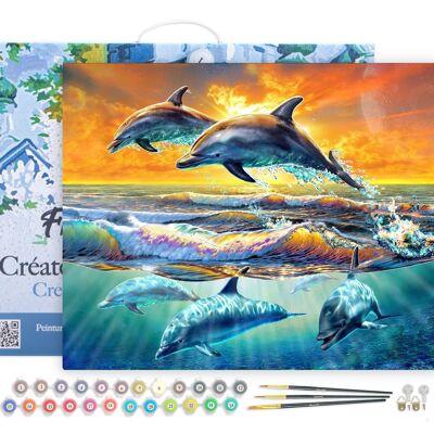 Malen-nach-Zahlen-DIY-Set – Dawn of Dolphins – Leinwand auf Holzrahmen gespannt