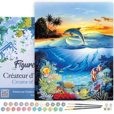Paint by Number DIY Kit - Dolphins in the lagoon - canvas stretched on wooden frame