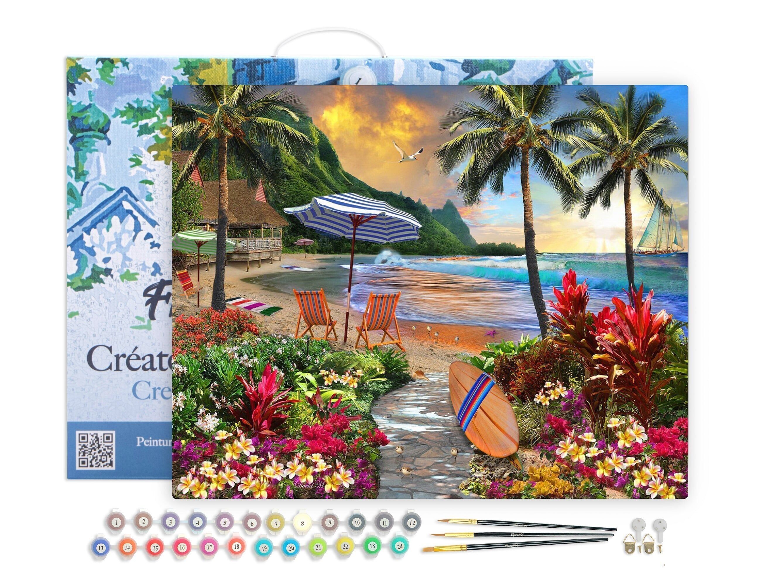 Malen-nach-Zahlen-DIY-Set – Unter den Kokospalmen – Leinwand auf Holzrahmen gespannt