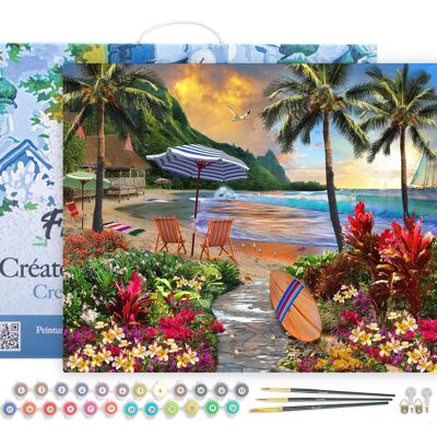 Paint by Number DIY Kit - Under the coconut trees - canvas stretched on wooden frame
