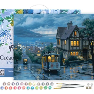Paint by Number DIY Kit - Tram at dusk - canvas stretched on wooden frame