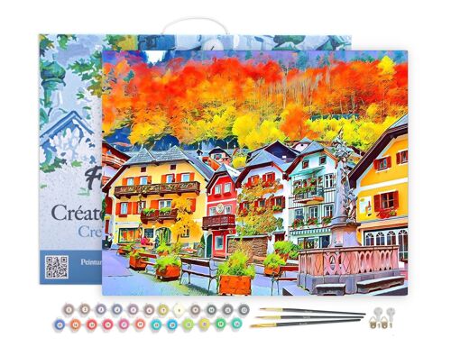 Peinture par Numéro Kit DIY - Village Suisse coloré - toile tendue sur châssis en bois