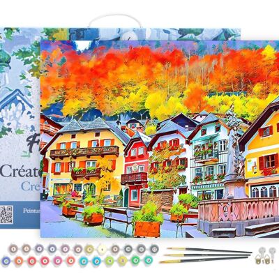 Kit de bricolaje Paint by Number - Colorful Swiss Village - lienzo estirado sobre marco de madera