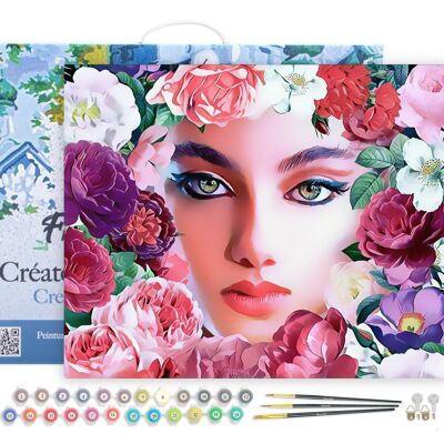 Paint by Number DIY Kit - Face and Flowers - canvas stretched on wooden frame