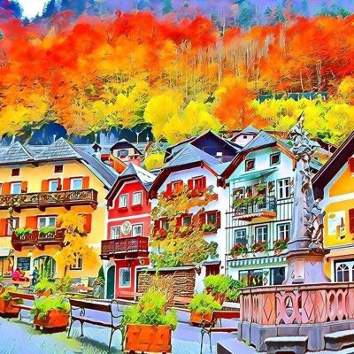 Kit de bordado de punto de cruz DIY - Colorful Swiss Village