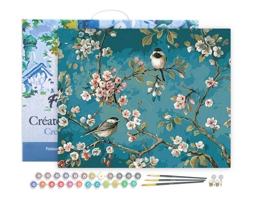 Peinture par Numéro Kit DIY - Fleurs et oiseaux 2 - toile tendue sur châssis en bois