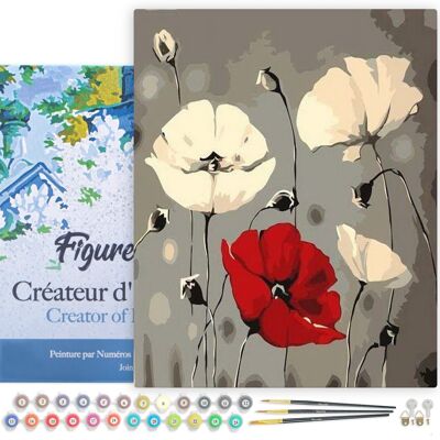 Paint by Number DIY Kit - Red and white flowers - stretched canvas on wooden frame