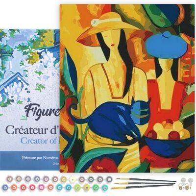 Kit de bricolaje Paint by Number - Mujer y gato azul - lienzo tensado sobre marco de madera